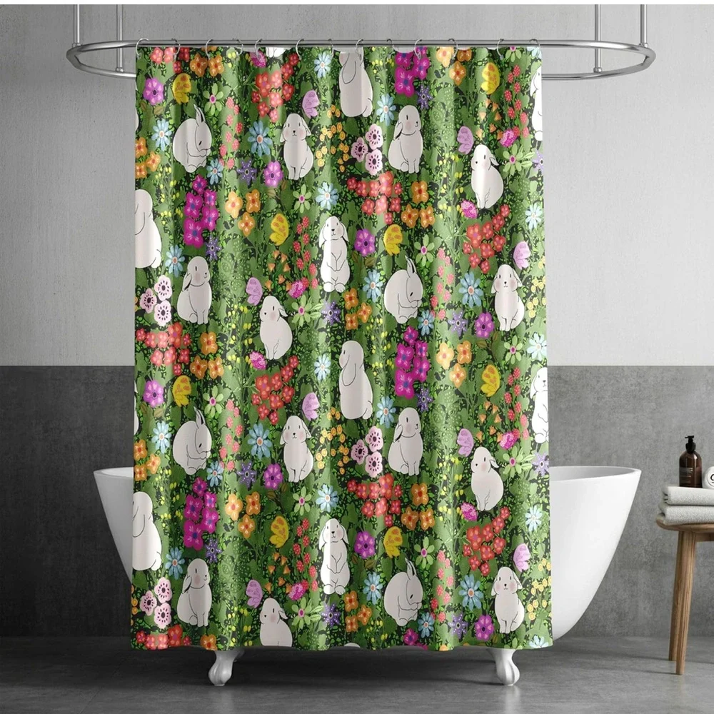 Shower Curtain Bunnies Kids Easter Bunny Spring Floral Washable Waterproof FCT
